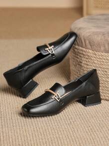 Women's Black Chunky Heel Casual Versatile Pumps, Apricot Work Shoes, White Square Toe Loafers, Suitable For Spring, Autumn And Winter