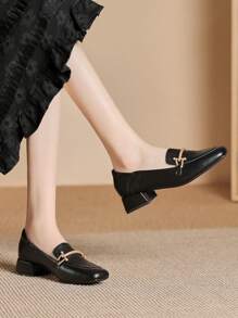 Women's Black Chunky Heel Casual Versatile Pumps, Apricot Work Shoes, White Square Toe Loafers, Suitable For Spring, Autumn And Winter