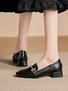 Women's Black Chunky Heel Casual Versatile Pumps, Apricot Work Shoes, White Square Toe Loafers, Suitable For Spring, Autumn And Winter