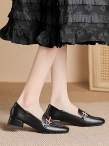 Women's Black Chunky Heel Casual Versatile Pumps, Apricot Work Shoes, White Square Toe Loafers, Suitable For Spring, Autumn And Winter