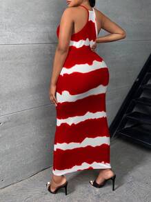 SHEIN SXY Đầm Plus Size Cà vạt nhuộm Thanh lịch - Đỏ và trắng - Xem 2