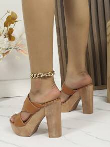 时尚仿木纹厚底防水高跟派对夜店凉鞋，春夏穿搭 - 棕色 - 查看 2