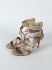 女士金属拉链细高跟凉鞋，迷人金色弹力罗马凉鞋，小猫跟 - 香檳色 - 查看 3