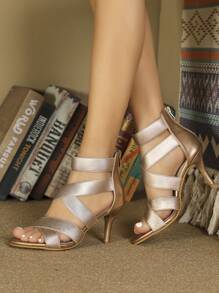 女士金属拉链细高跟凉鞋，迷人金色弹力罗马凉鞋，小猫跟 - 香檳色 - 查看 6