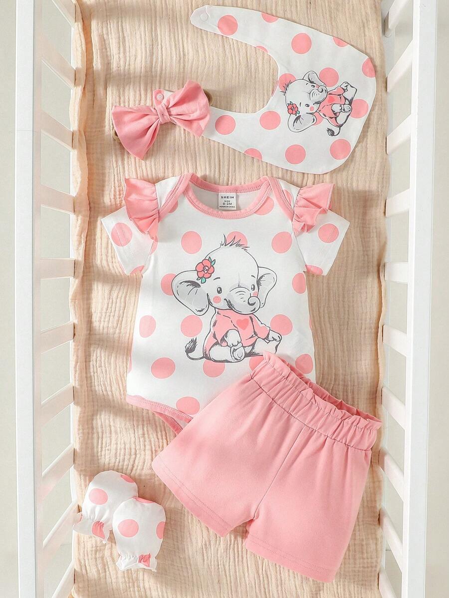 SHEIN 嬰兒波卡圓點和卡通圖案荷葉邊連體衣和短褲和配件帽和手套和圍兜 - 彩色 - 查看 1