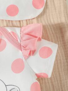 SHEIN 嬰兒波卡圓點和卡通圖案荷葉邊連體衣和短褲和配件帽和手套和圍兜 - 彩色 - 查看 5