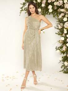 SHEIN Belle Một bờ vai Mặt trước xoắn Kim loại Đầm - Màu Khaki - Xem 1