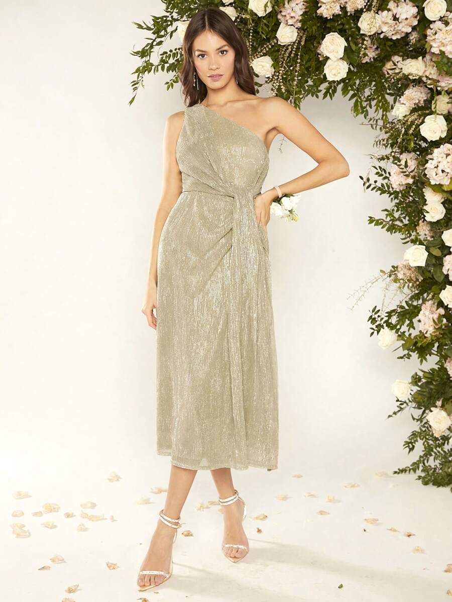 SHEIN Belle Một bờ vai Mặt trước xoắn Kim loại Đầm - Màu Khaki - Xem 1