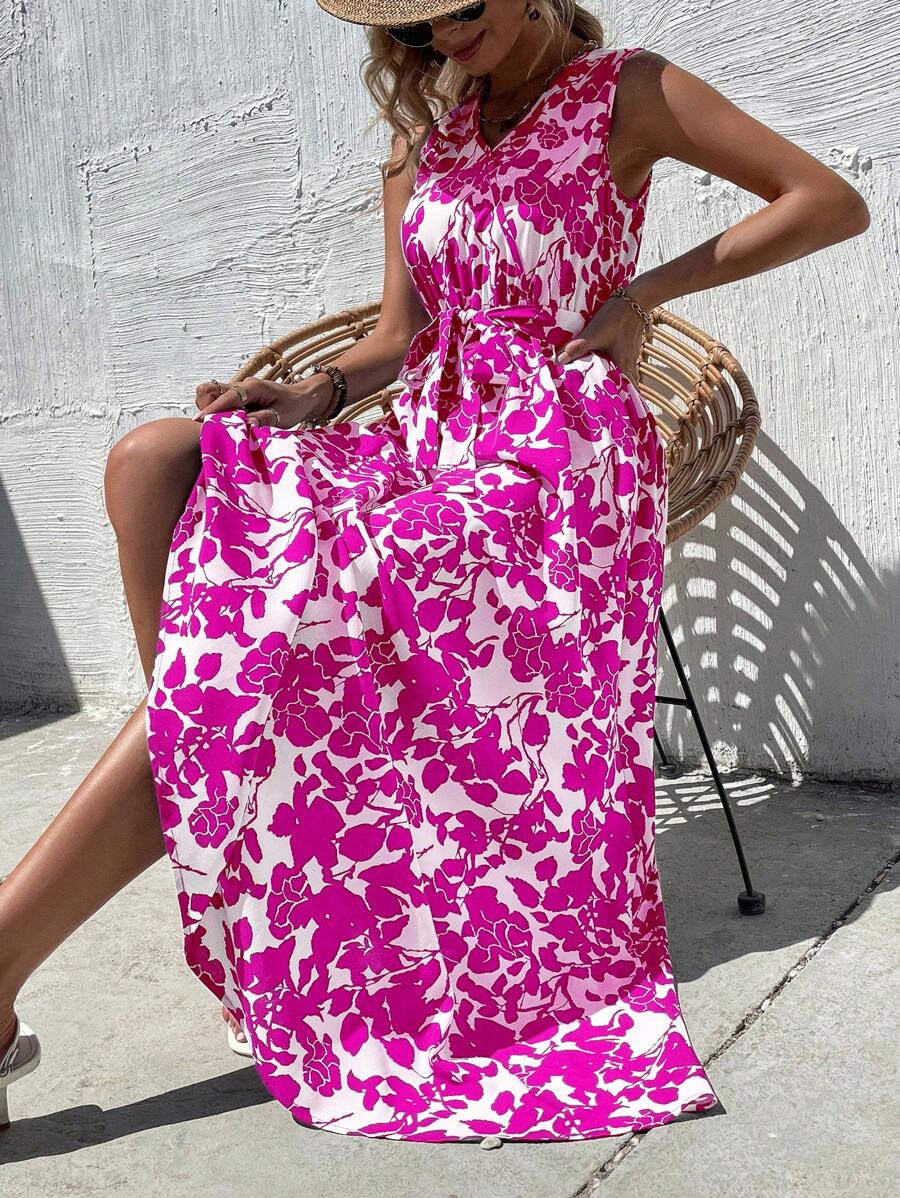 SHEIN VCAY Allover Floral Print Belted Dress - Pink - View 1