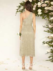 SHEIN Belle Một bờ vai Mặt trước xoắn Kim loại Đầm - Màu Khaki - Xem 2