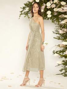 SHEIN Belle Một bờ vai Mặt trước xoắn Kim loại Đầm - Màu Khaki - Xem 3