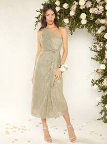 SHEIN Belle Một bờ vai Mặt trước xoắn Kim loại Đầm - Màu Khaki - Xem 4