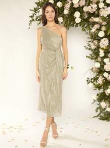 SHEIN Belle Một bờ vai Mặt trước xoắn Kim loại Đầm - Màu Khaki - Xem 5