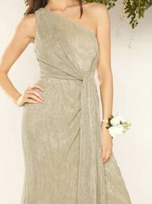 SHEIN Belle Một bờ vai Mặt trước xoắn Kim loại Đầm - Màu Khaki - Xem 6