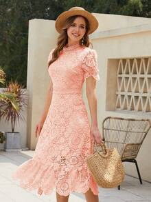 Vestido de manga farol bajo con fruncido con encaje - Rosa - Ver 4