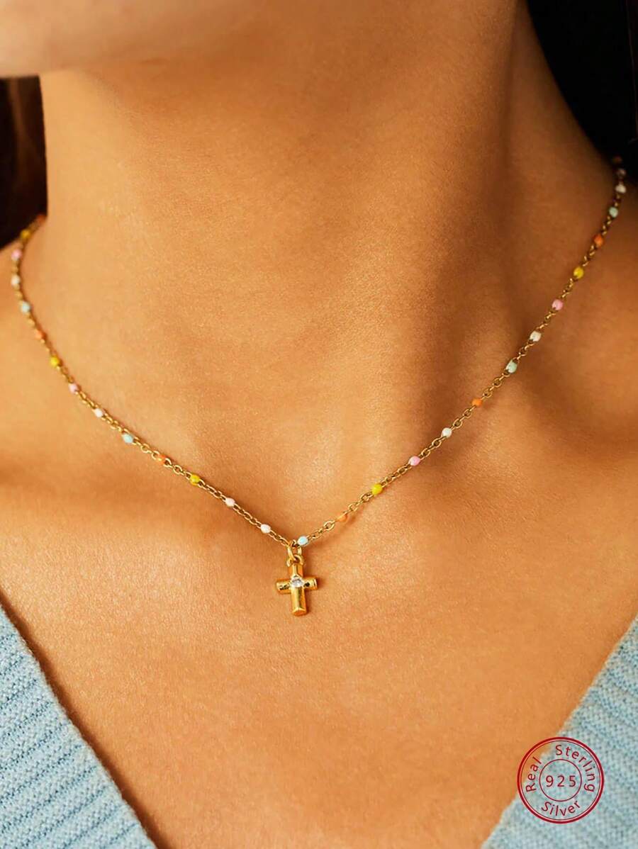 Cross Charm Silver Necklace - Gold - View 1