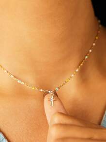 Cross Charm Silver Necklace - Gold - View 2