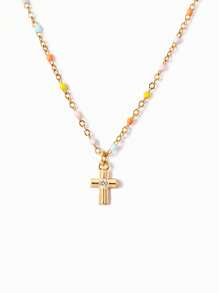 Cross Charm Silver Necklace - Gold - View 3