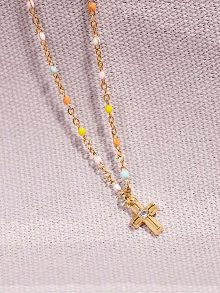 十字架吊飾銀項鍊 - 金色 - 查看 4