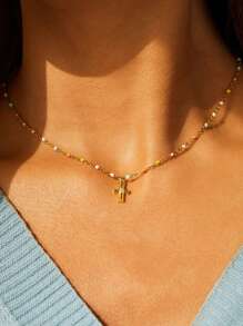 Cross Charm Silver Necklace - Gold - View 5