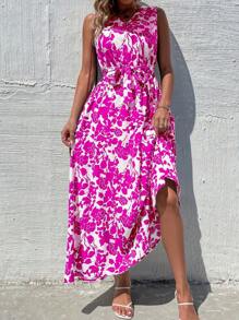 SHEIN VCAY Allover Floral Print Belted Dress - Pink - View 3