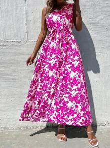 SHEIN VCAY Allover Floral Print Belted Dress - Pink - View 4