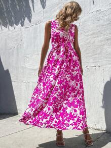 SHEIN VCAY Allover Floral Print Belted Dress - Pink - View 5