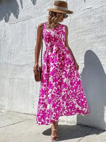 SHEIN VCAY Allover Floral Print Belted Dress - Pink - View 6