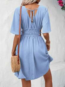 Breezaya Solid Cut Out Waist A-line Dress - Baby Blue - View 2