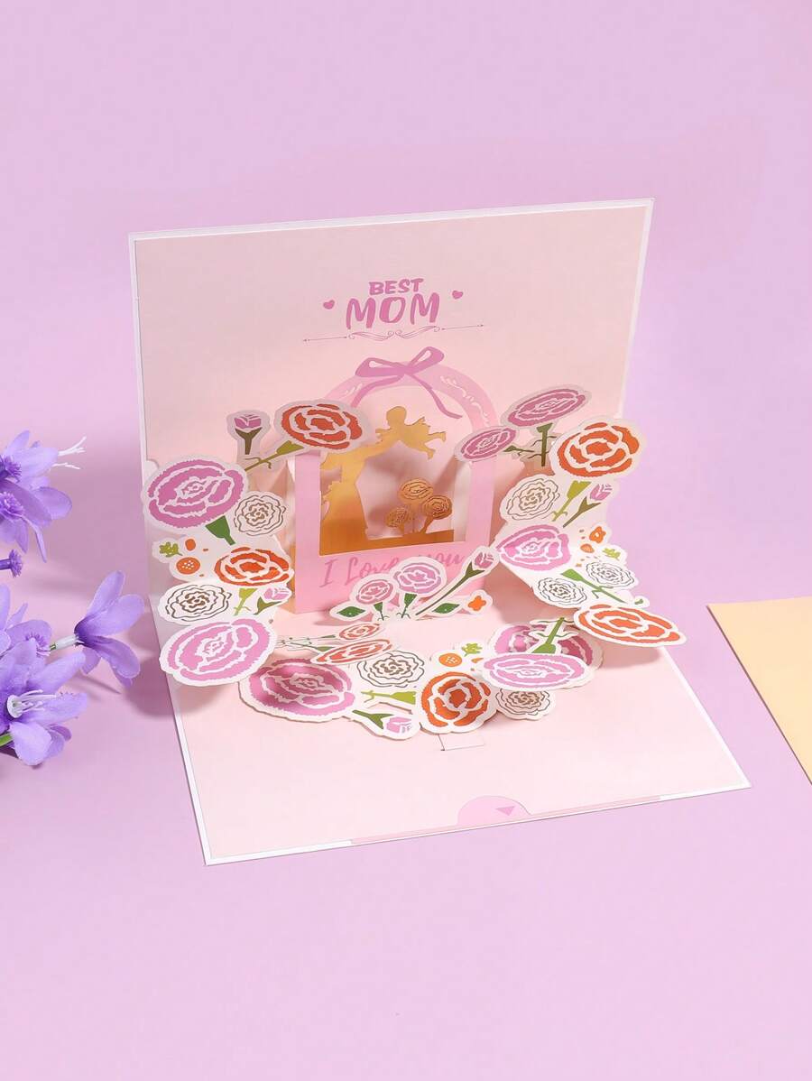 1pc 3d Creative Paper Carving Mother's Day Greeting Card With Flower Design (includes Envelope) - Pink - View 1