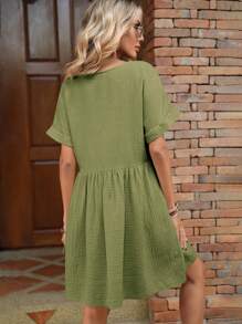 SHEIN LUNE Đầm màu trơn Dễ thương - Màu xanh Ô liu - Xem 2