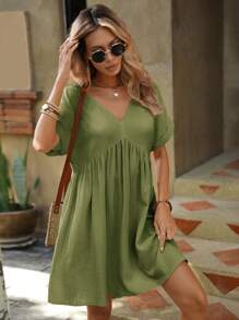 SHEIN LUNE Đầm màu trơn Dễ thương - Màu xanh Ô liu - Xem 4