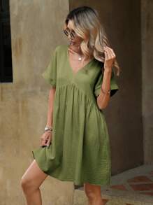 SHEIN LUNE Đầm màu trơn Dễ thương - Màu xanh Ô liu - Xem 5