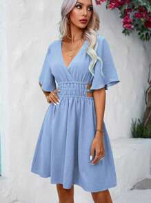 Breezaya Solid Cut Out Waist A-line Dress - Baby Blue - View 6