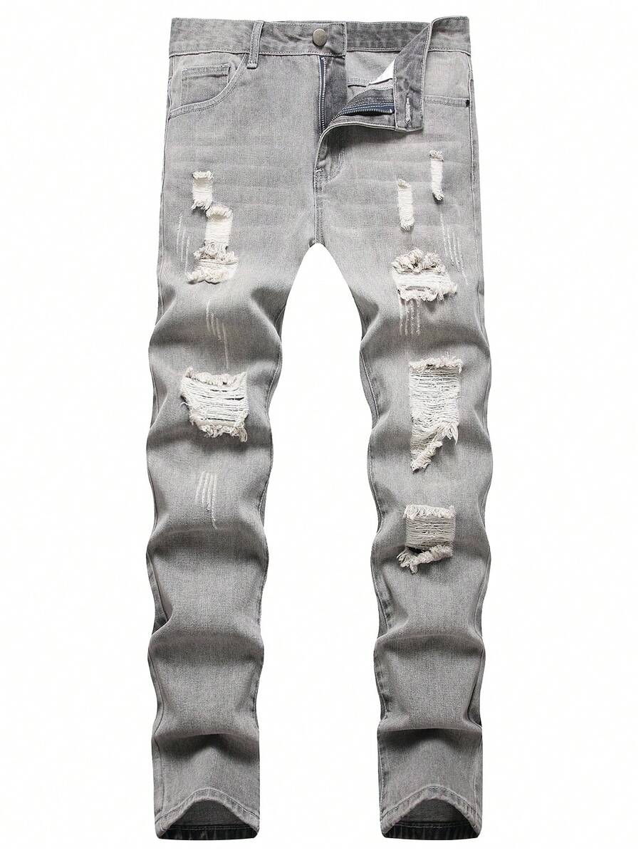 Pantalones vaqueros con bolsillo rasgado y deshilachado con cremallera para hombre - Gris Claro - Ver 1