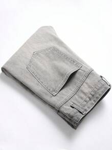 Pantalones vaqueros con bolsillo rasgado y deshilachado con cremallera para hombre - Gris Claro - Ver 3