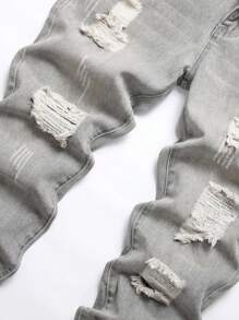 Pantalones vaqueros con bolsillo rasgado y deshilachado con cremallera para hombre - Gris Claro - Ver 4