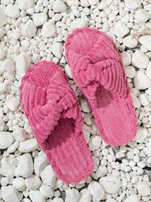 女士交叉毛茸茸織物時尚拖鞋粉色 - 粉色 - 查看 6