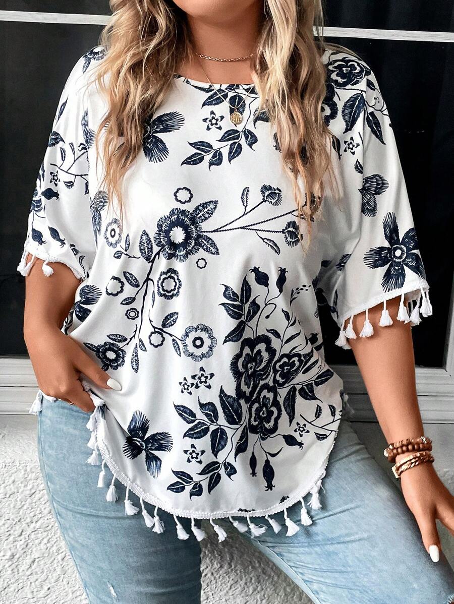 SHEIN LUNE Plus Floral Print Tassel Trim Tee Graphic Tees Women Tops - White - View 1