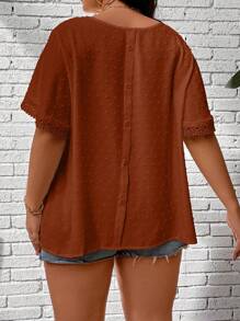 SHEIN LUNE 大碼圓點蕾絲拼接蝴蝶袖襯衫 - 棕色 - 查看 2