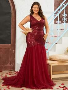 Đầm Plus Size ghép mộng kim sa màu trơn Buổi tiệc - Màu Đỏ Sâu - Xem 3