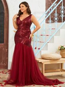 Đầm Plus Size ghép mộng kim sa màu trơn Buổi tiệc - Màu Đỏ Sâu - Xem 4