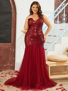 Đầm Plus Size ghép mộng kim sa màu trơn Buổi tiệc - Màu Đỏ Sâu - Xem 5