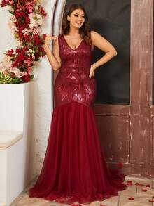 Đầm Plus Size ghép mộng kim sa màu trơn Buổi tiệc - Màu Đỏ Sâu - Xem 6
