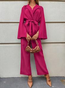 SHEIN Clasi Split Sleeve Belted Blazer & Wide Leg Trousers - Hot Pink - View 1