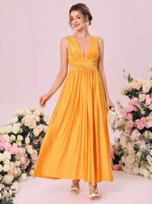 SHEIN Belle 1入組素色褶邊伴娘連衣裙 - 橘色 - 查看 1