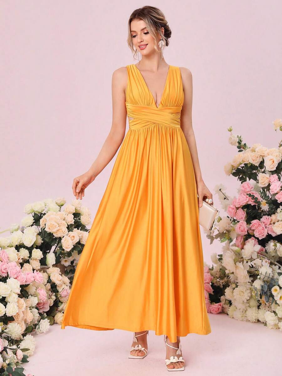 SHEIN Belle 1入組素色褶邊伴娘連衣裙 - 橘色 - 查看 1