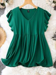 SHEIN LUNE Áo thun Plus size màu trơn Giải trí - Màu xanh lá cây đậm - Xem 1