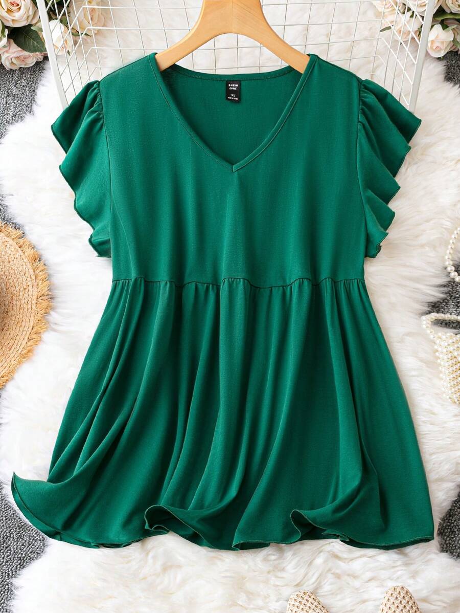 SHEIN LUNE Áo thun Plus size màu trơn Giải trí - Màu xanh lá cây đậm - Xem 1