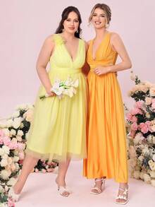 SHEIN Belle 1入組素色褶邊伴娘連衣裙 - 橘色 - 查看 7